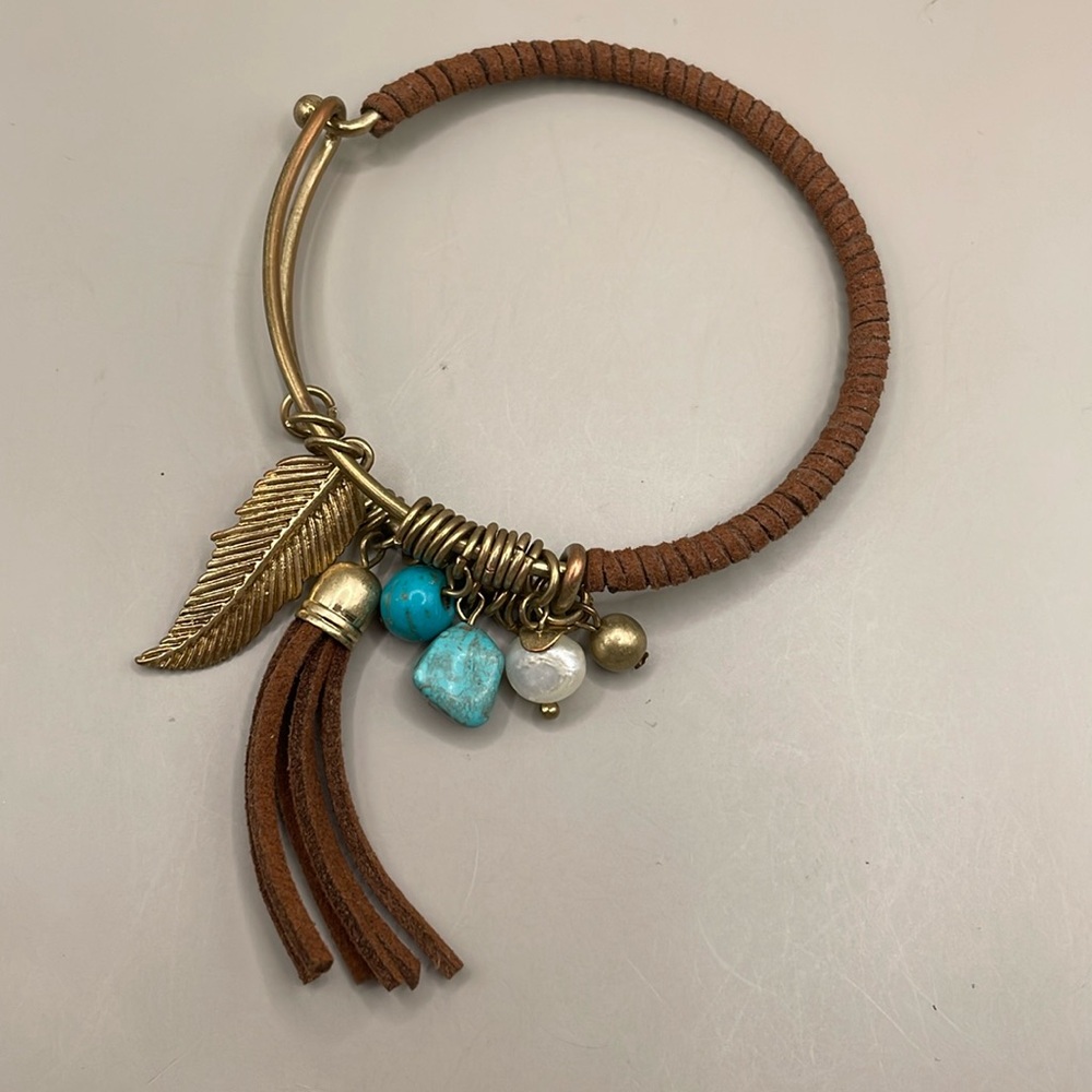 Vintage Brown Leather Beaded Native American Style Bangle Charm Cuff Bracelet